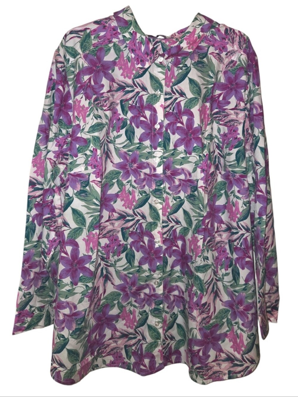 Roamans Purple Floral Plus Size Button Down Blouse